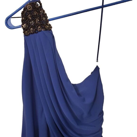 Max and Cleo Dress Womens Size 10 Blue One Shoulder Rouched Embellished Party - Picture 3 of 6